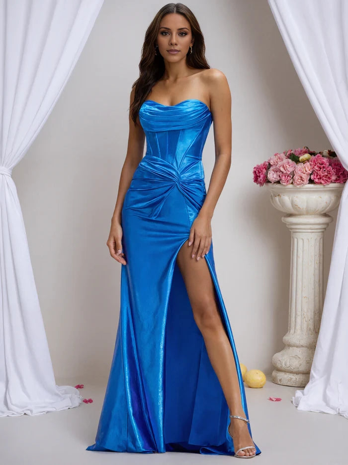 Ocean Blue Strapless Ruched Floor Length Prom Dress with Slit