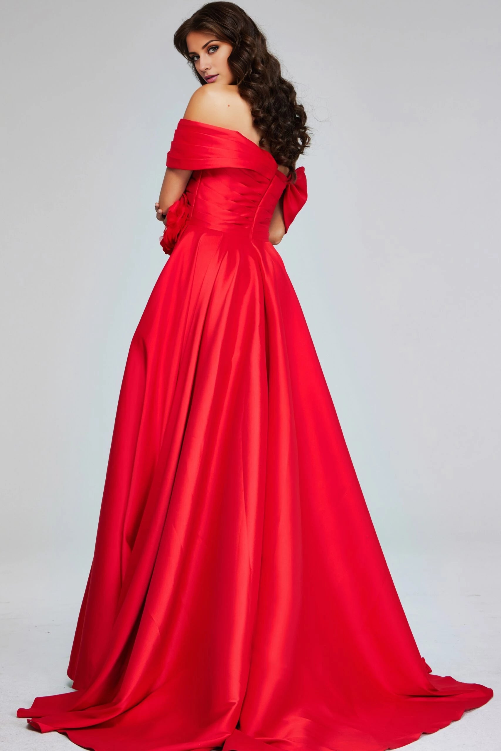 Off-Shoulder Red Gown with Flower Detail Evening Dresses