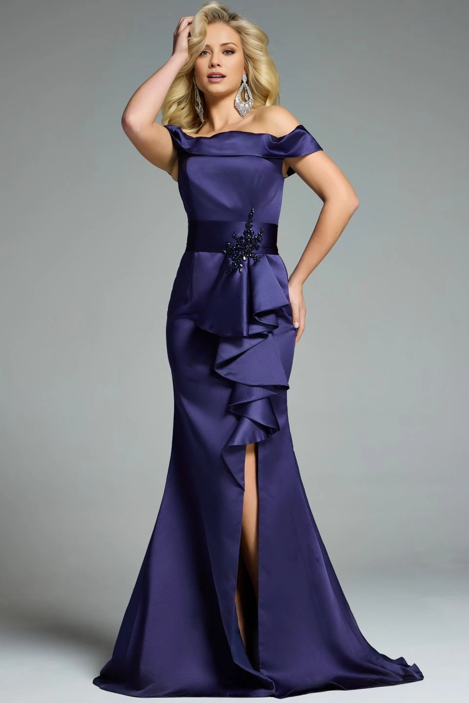 Off-Shoulder Satin Gown with Ruffle and High Slit Evening Dresse