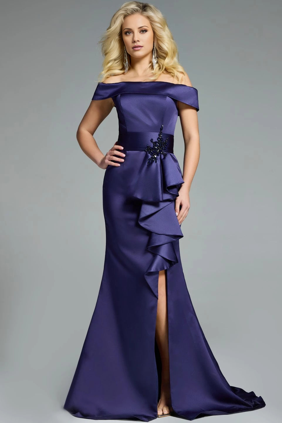 Off-Shoulder Satin Gown with Ruffle and High Slit Evening Dresse
