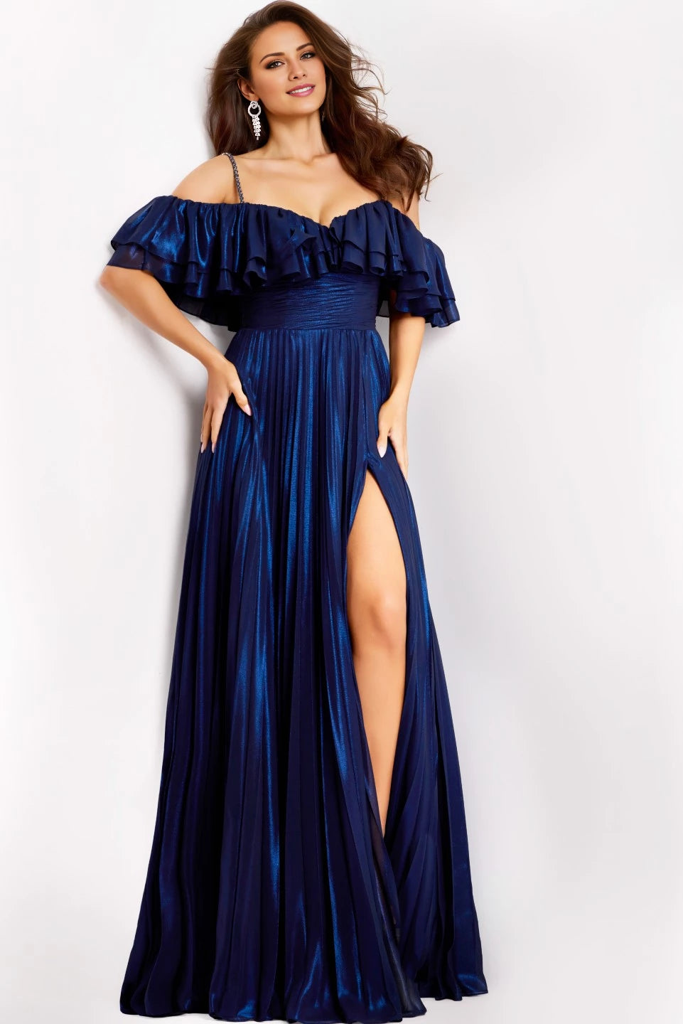 Off-The-Shoulder A-Line Gown with Ruffled Bodice Evening Dresses
