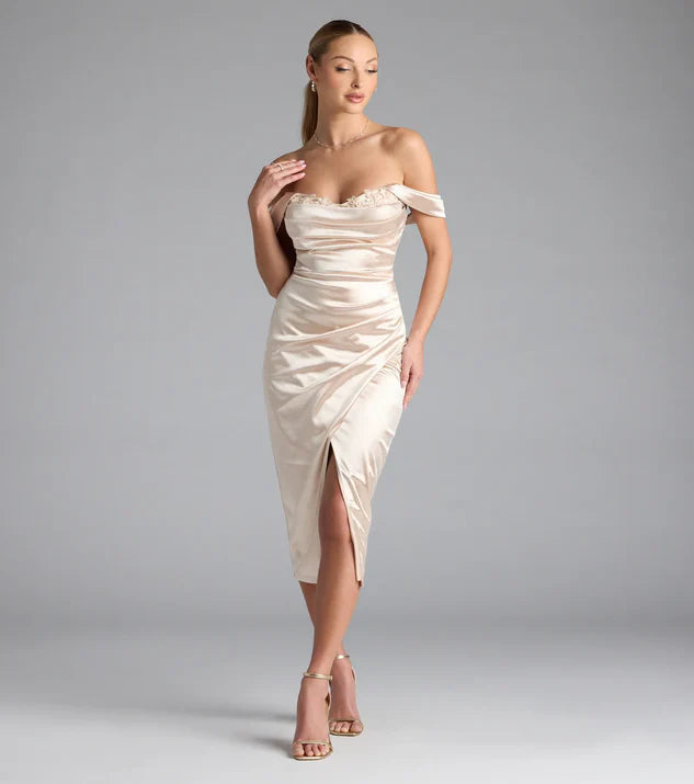 Off-The-Shoulder Lace-Up Back Satin Formal Dress Evening Dress