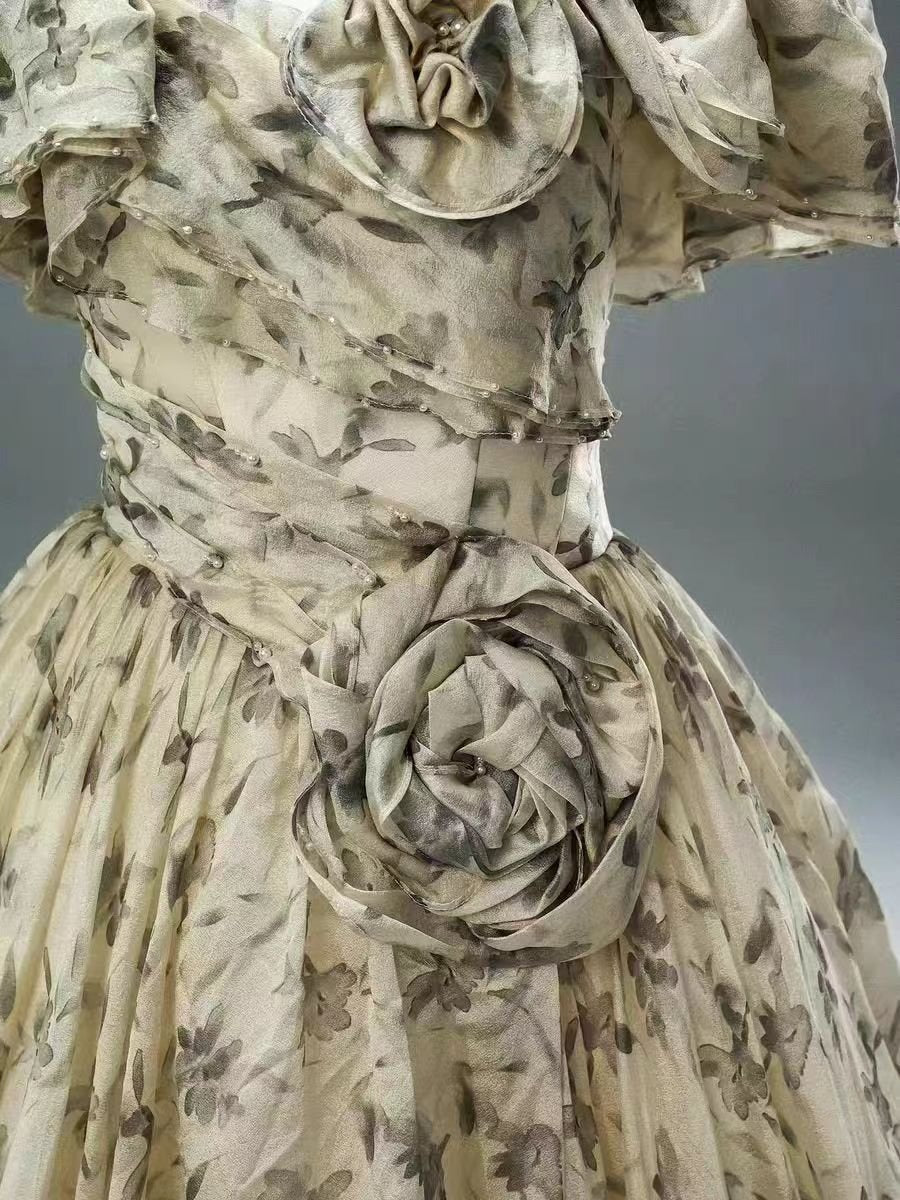 Off-The-Shoulder Ruffled Floral Print Tulle Ball Gown with Train