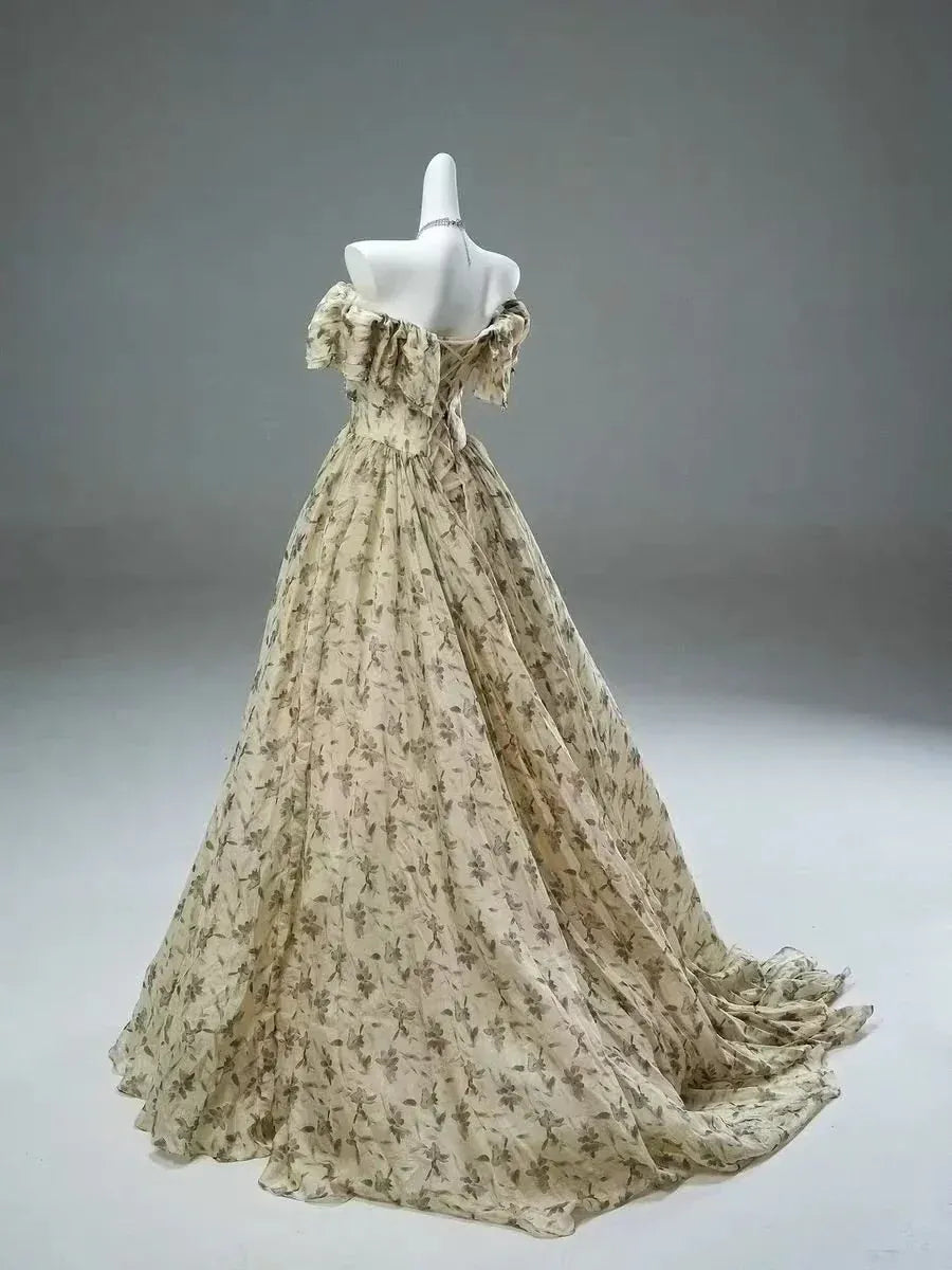 Off-The-Shoulder Ruffled Floral Print Tulle Ball Gown with Train
