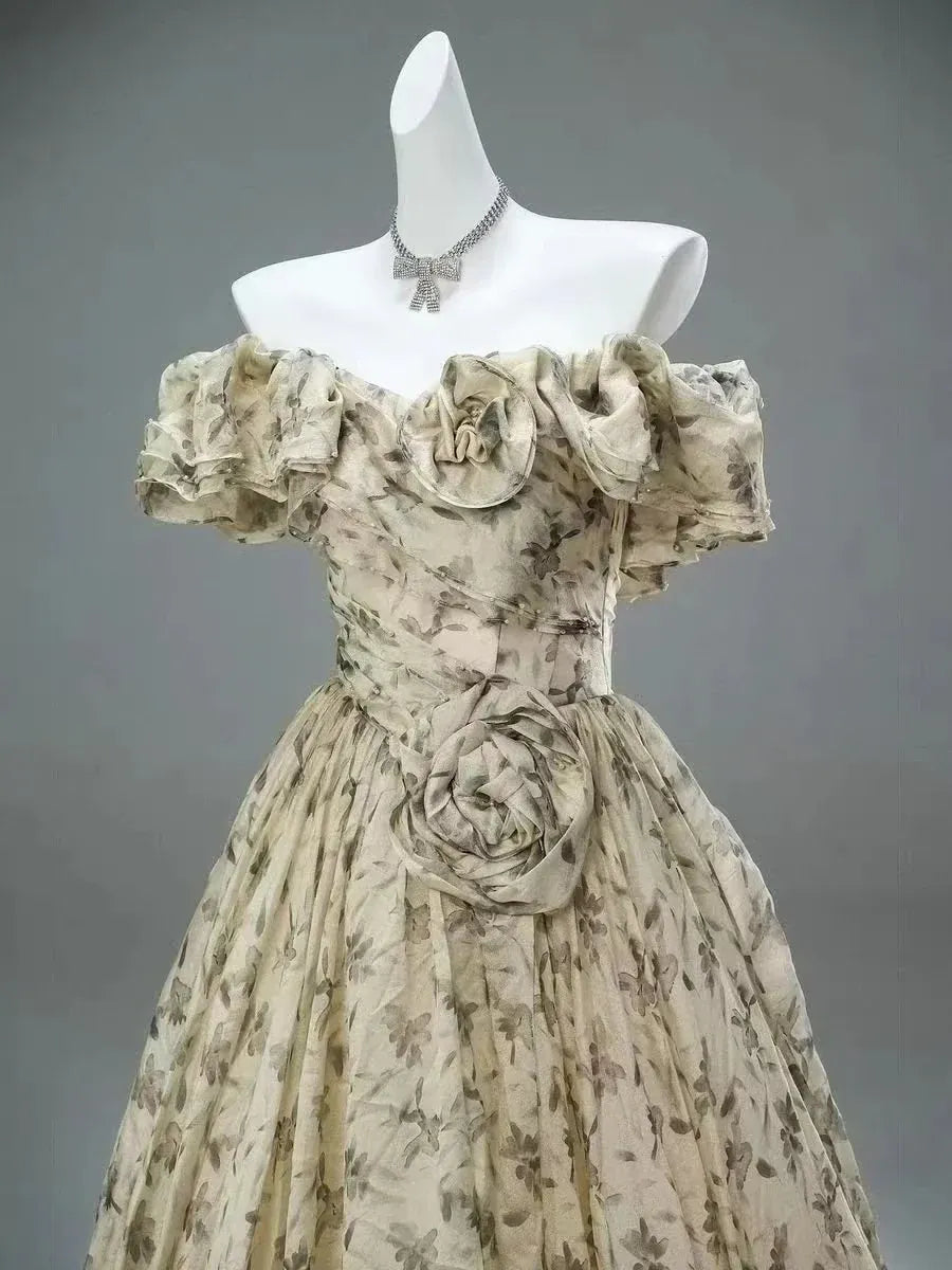 Off-The-Shoulder Ruffled Floral Print Tulle Ball Gown with Train