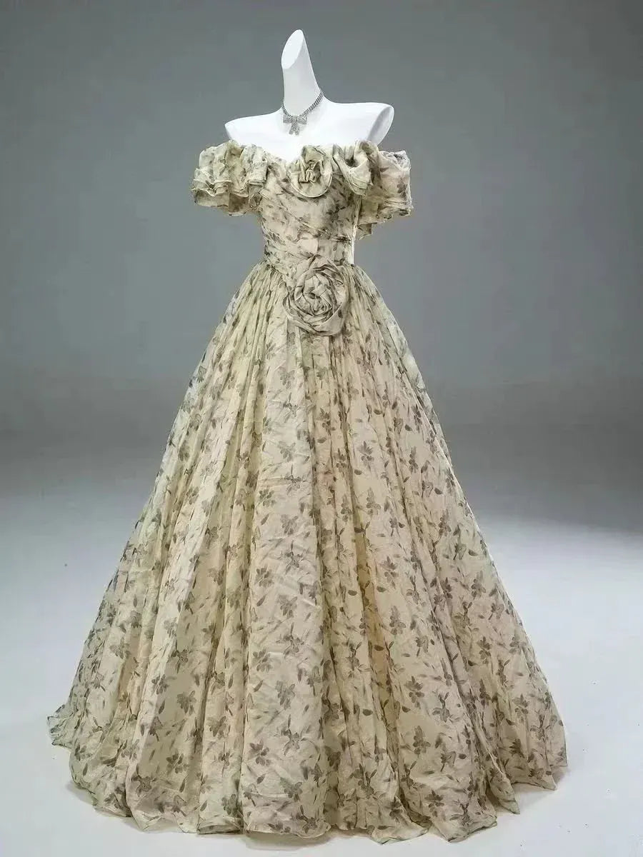 Off-The-Shoulder Ruffled Floral Print Tulle Ball Gown with Train