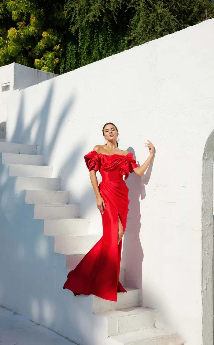 Off-shoulder Puff Sleeve Dress with Draped Skirt Evening Dresses