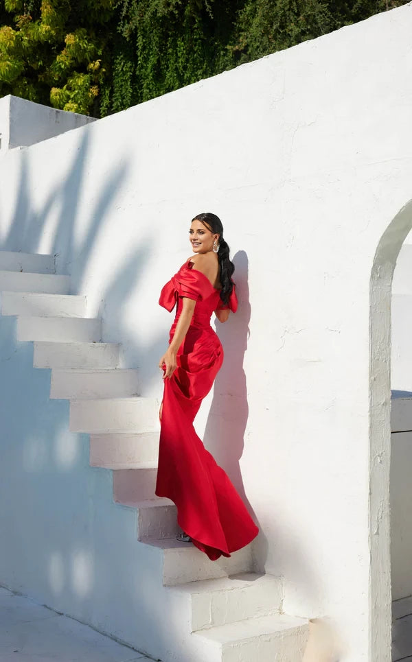 Off-shoulder Puff Sleeve Dress with Draped Skirt Evening Dresses