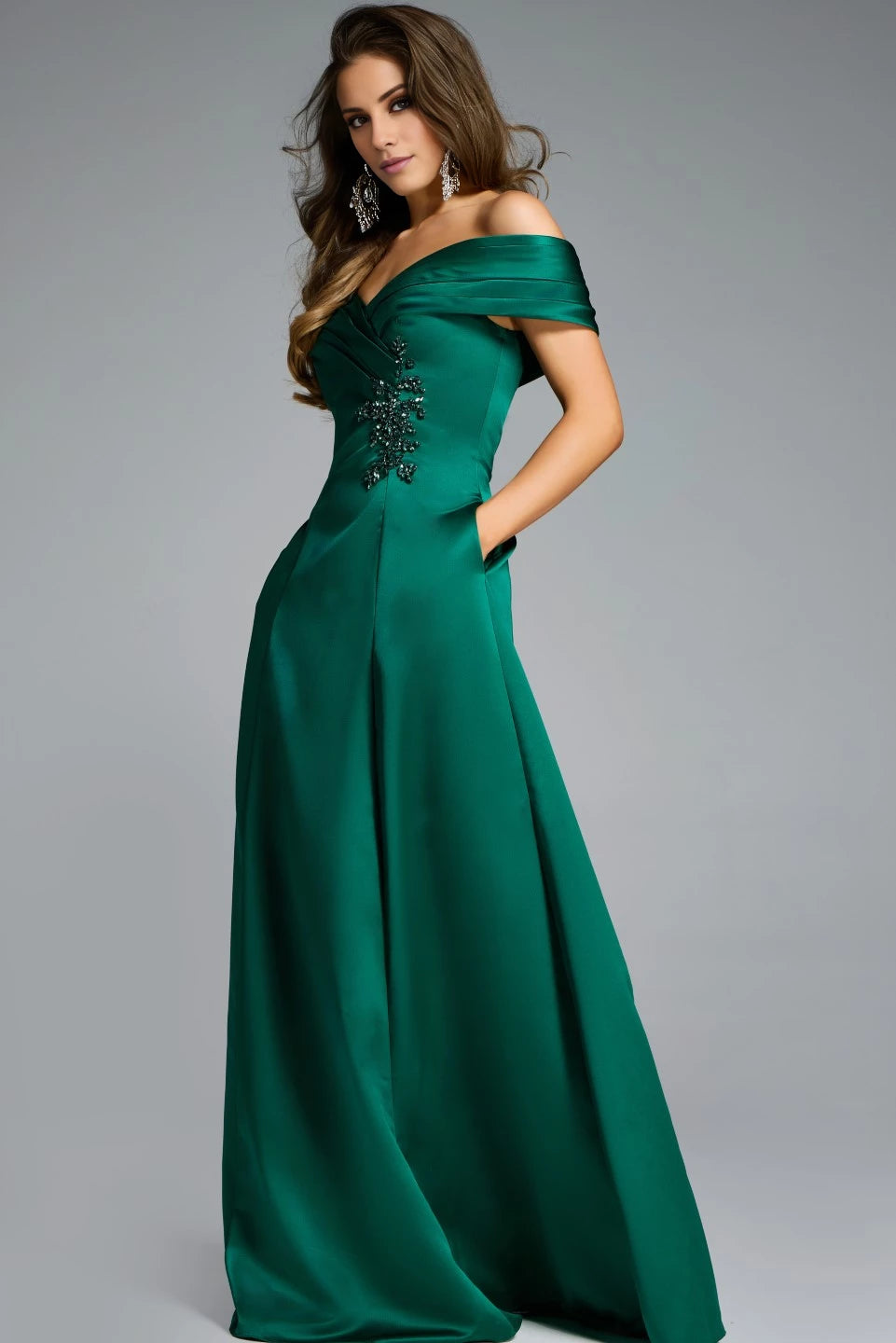 Off-the-Shoulder A-Line Gown with Embellished Detail Evening Dresses