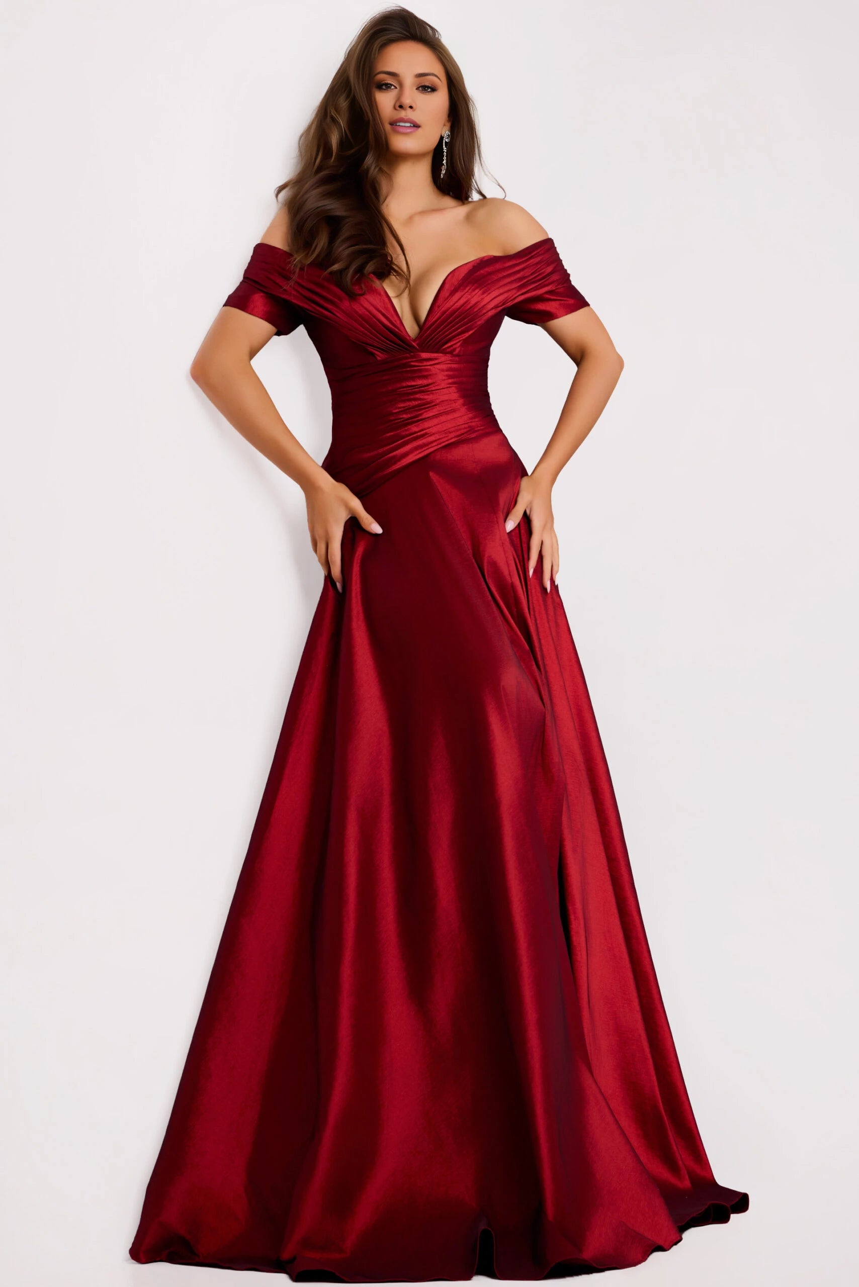 Off-the-Shoulder A-Line Gown with Pleated Bodice Evening Dresses