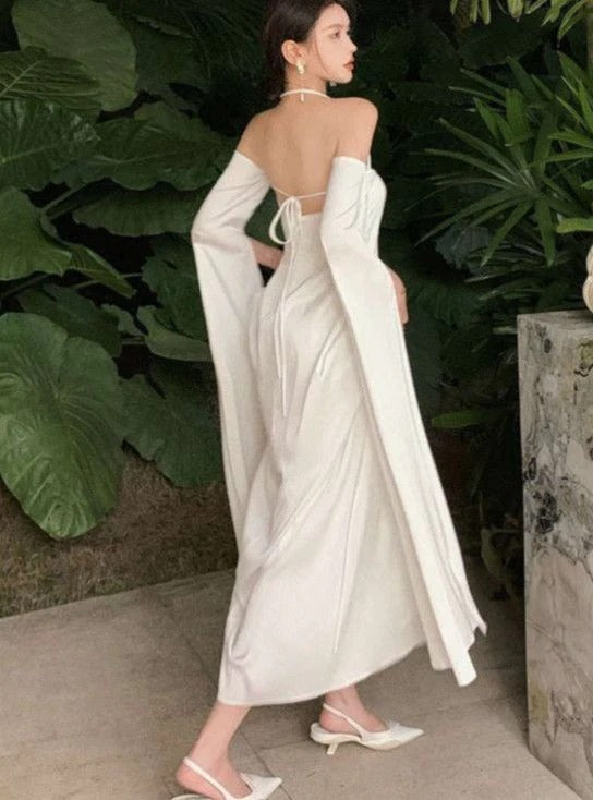 Off-the-Shoulder Cape Sleeves Backless Evening Gown with High Slit