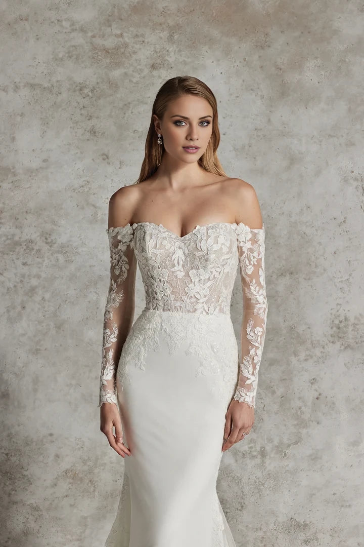 Off-the-Shoulder Fit and Flare Wedding Gown with Cathedral Train Wedding Dresses