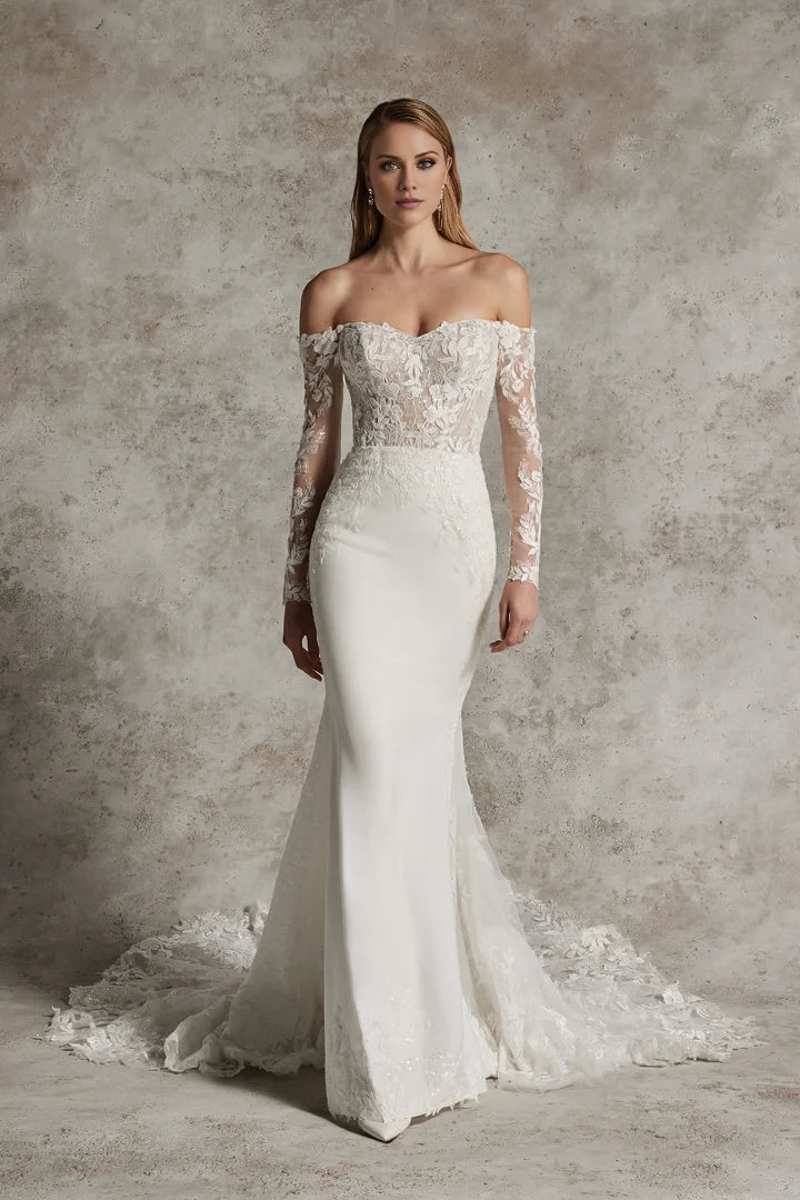 Off-the-Shoulder Fit and Flare Wedding Gown with Cathedral Train Wedding Dresses