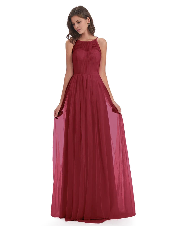 Off-the-Shoulder Floor Length Halter Tulle Bridesmaid Dresses