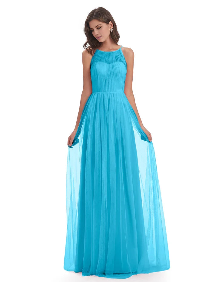 Off-the-Shoulder Floor Length Halter Tulle Bridesmaid Dresses