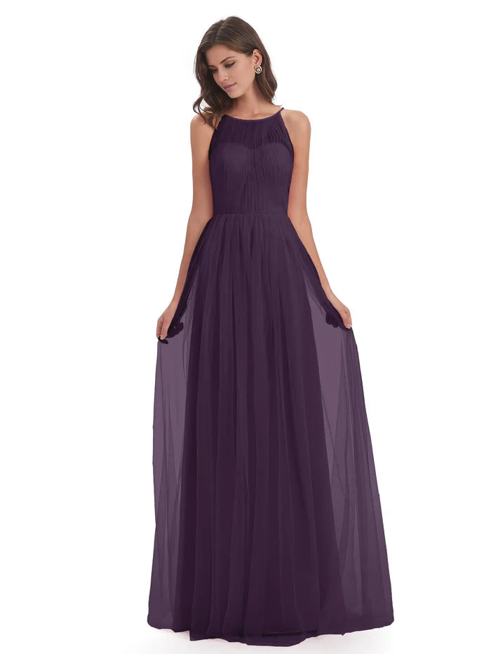Off-the-Shoulder Floor Length Halter Tulle Bridesmaid Dresses