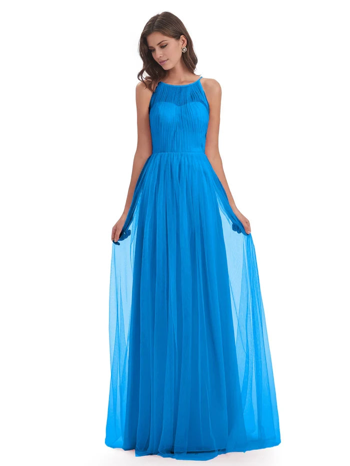 Off-the-Shoulder Floor Length Halter Tulle Bridesmaid Dresses