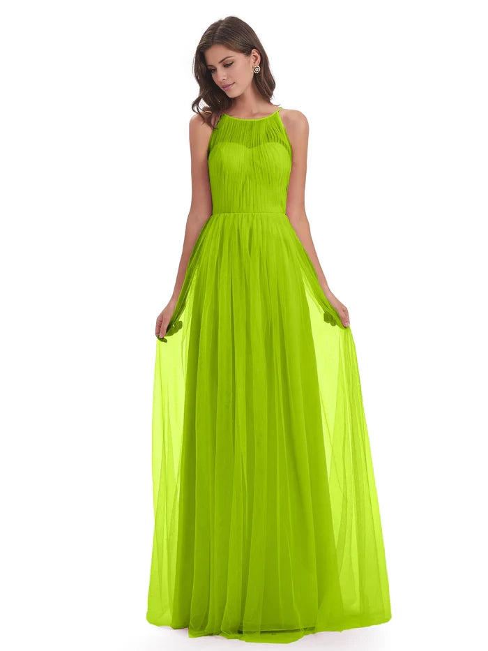 Off-the-Shoulder Floor Length Halter Tulle Bridesmaid Dresses