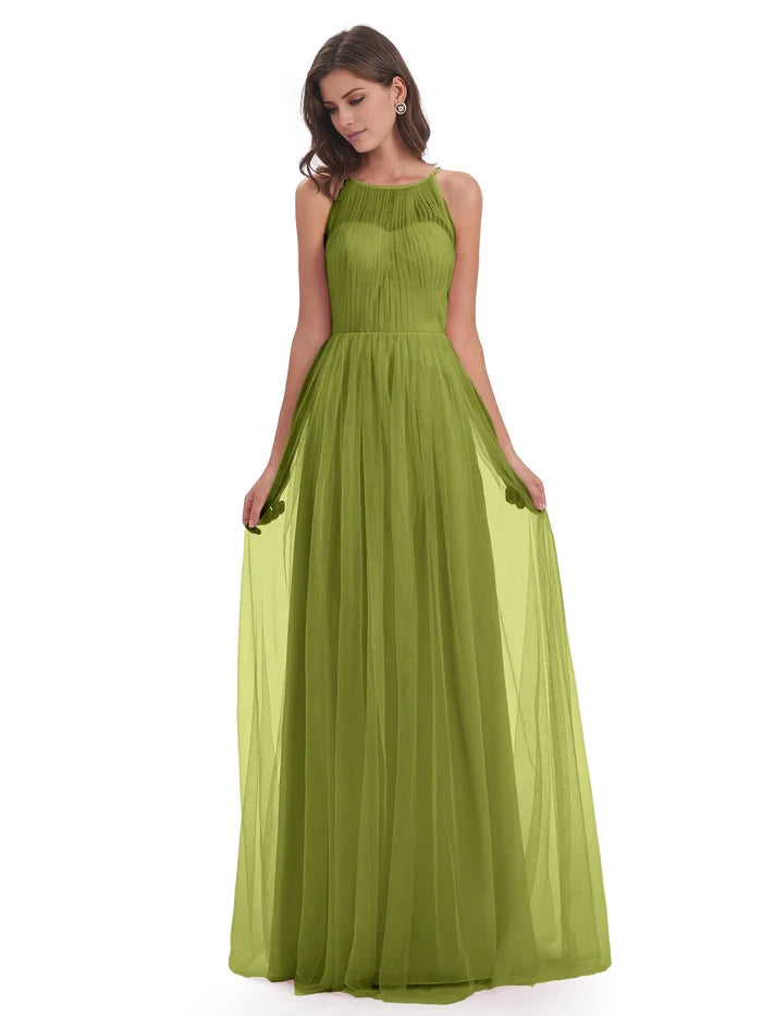Off-the-Shoulder Floor Length Halter Tulle Bridesmaid Dresses