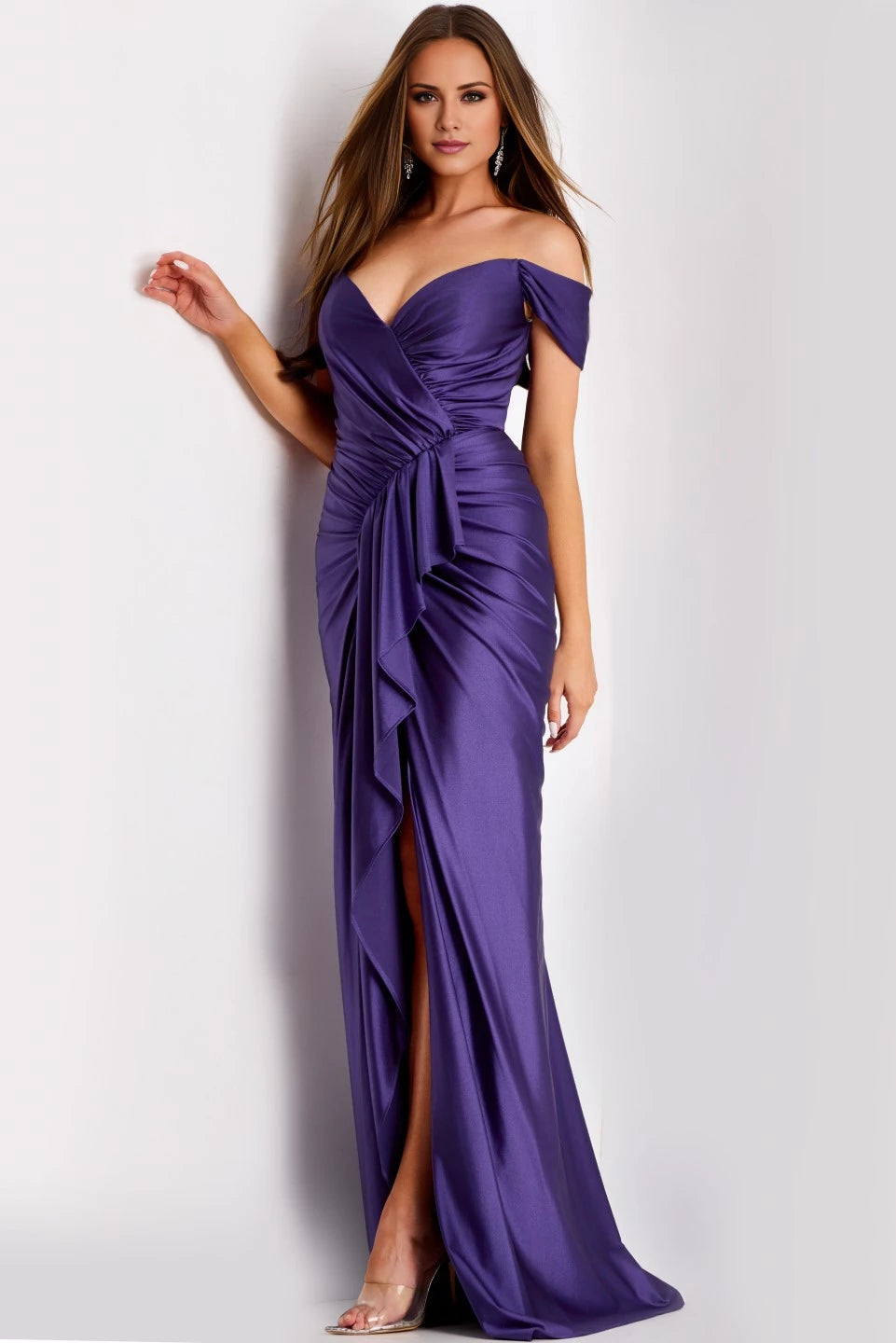 Off-the-Shoulder Gown with Ruched Bodice and High Slit Evening Dresses