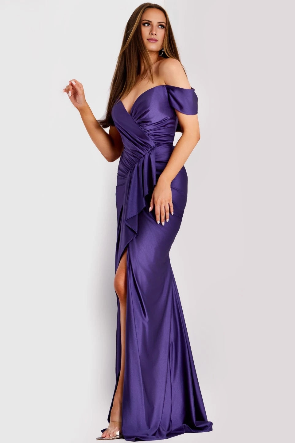 Off-the-Shoulder Gown with Ruched Bodice and High Slit  Evening Dresses