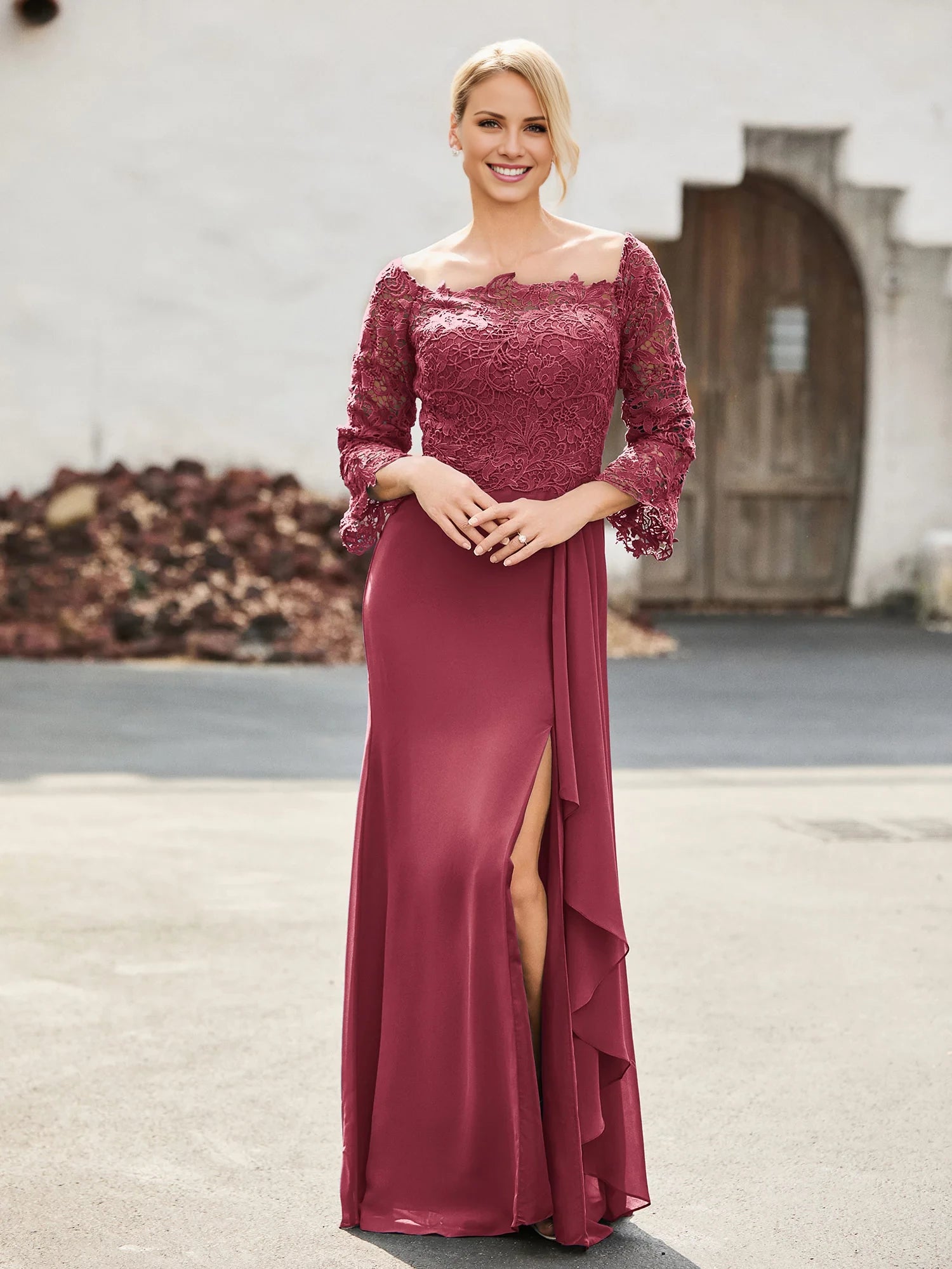 Off-the-Shoulder Lace Top Chiffon Dress Mother of the Bride Dresses
