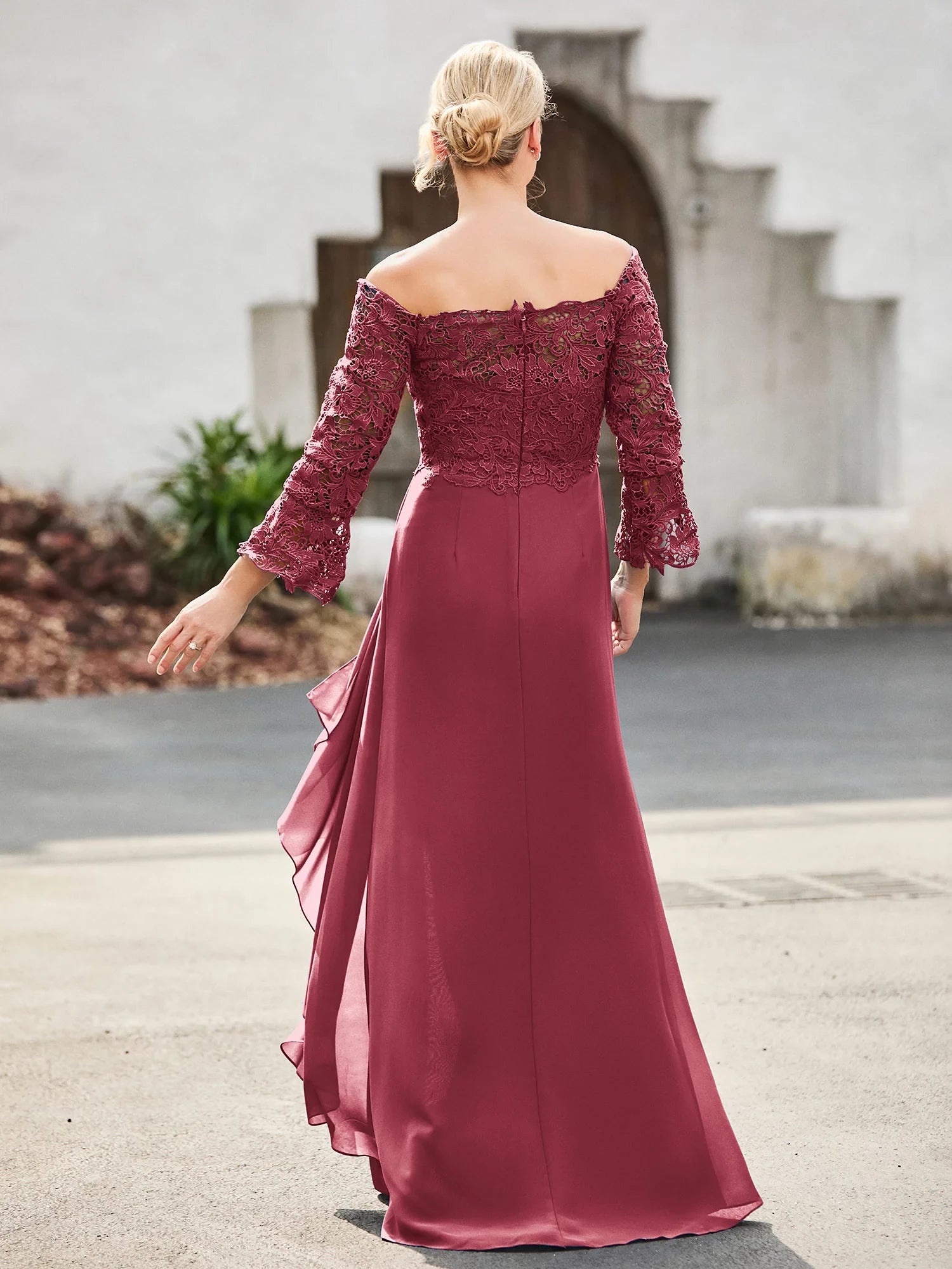 Off-the-Shoulder Lace Top Chiffon Dress Mother of the Bride Dresses