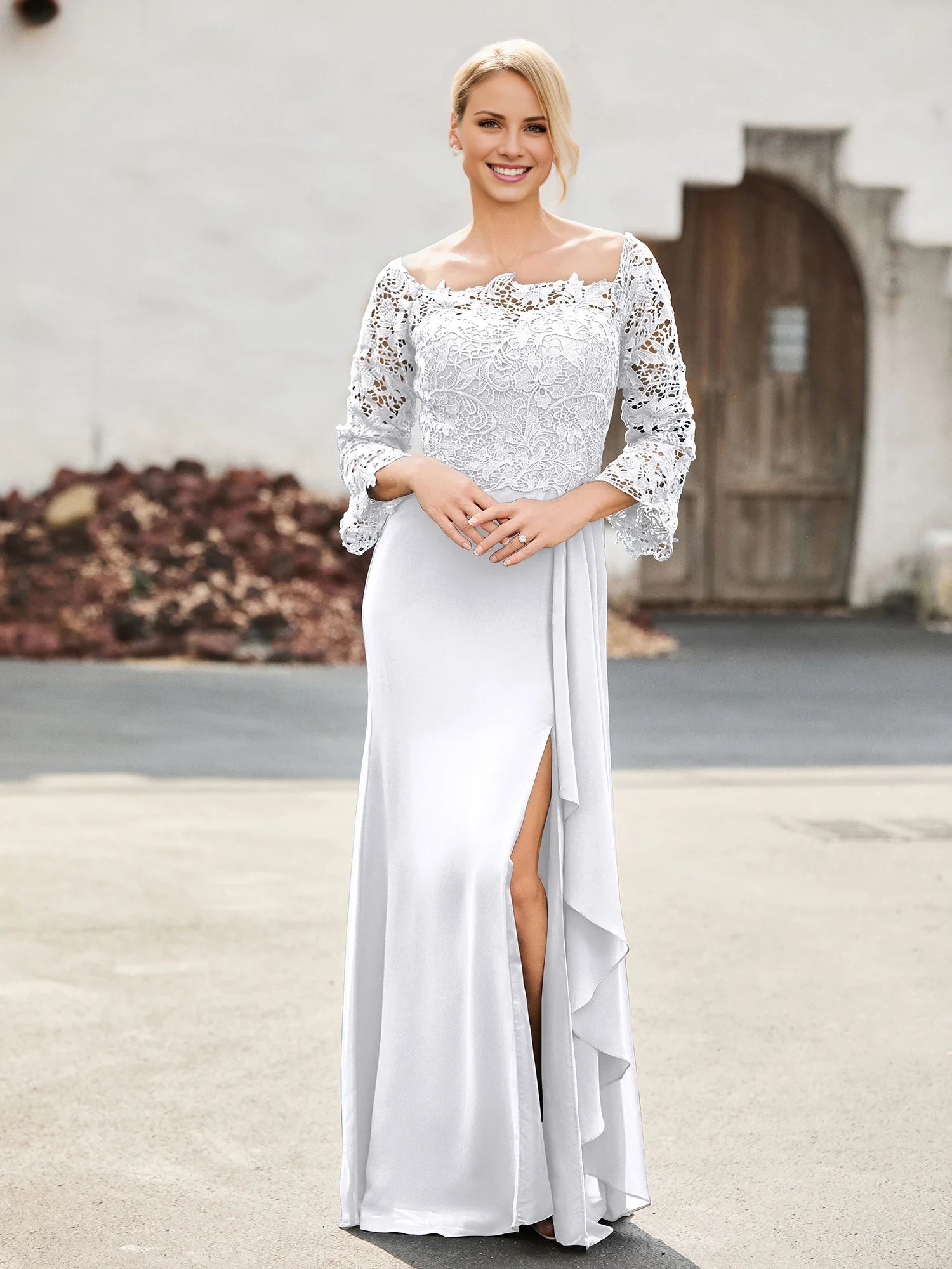 Off-the-Shoulder Lace Top Chiffon Dress Mother of the Bride Dresses