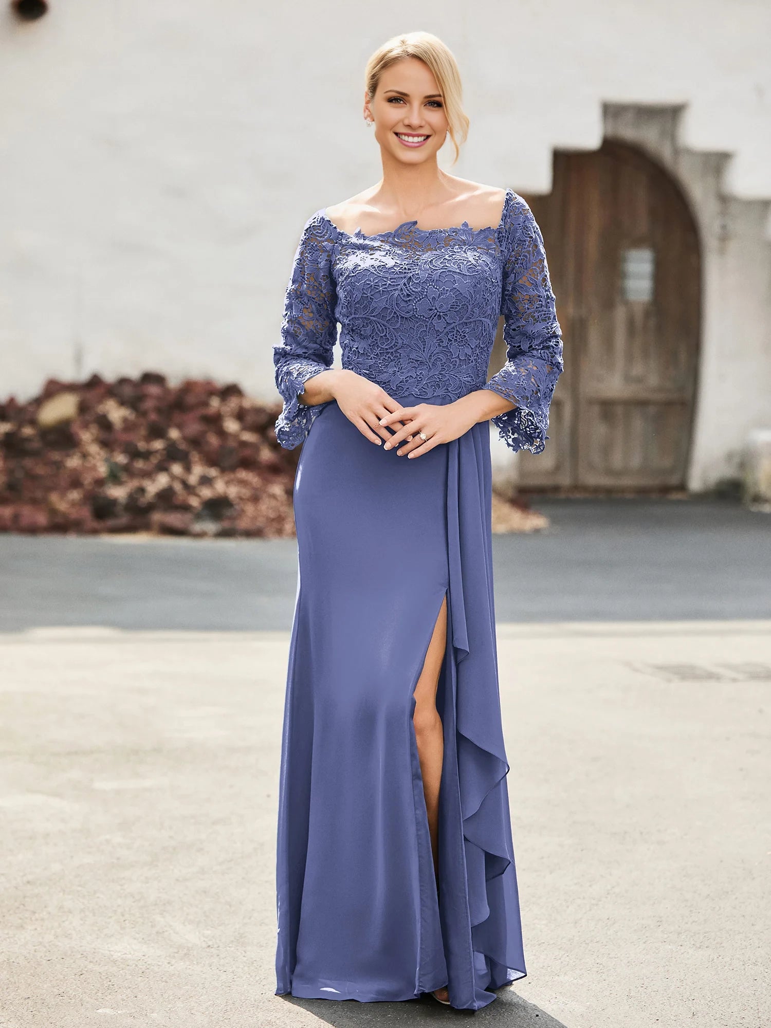 Off-the-Shoulder Lace Top Chiffon Dress Mother of the Bride Dresses