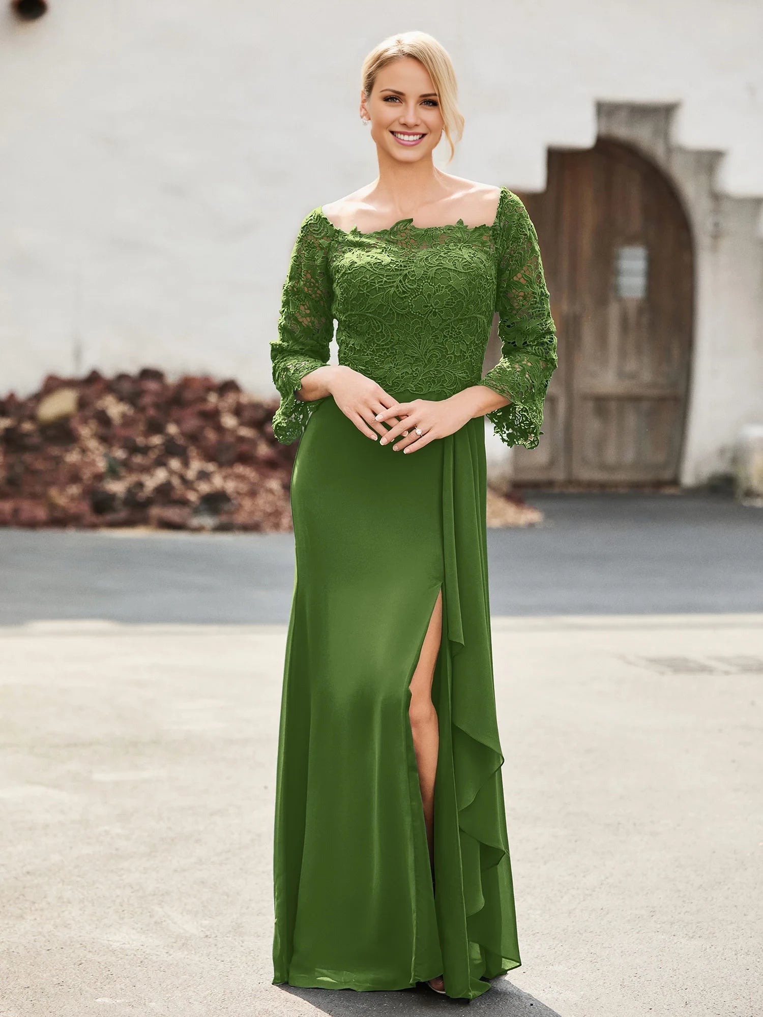 Off-the-Shoulder Lace Top Chiffon Dress Mother of the Bride Dresses