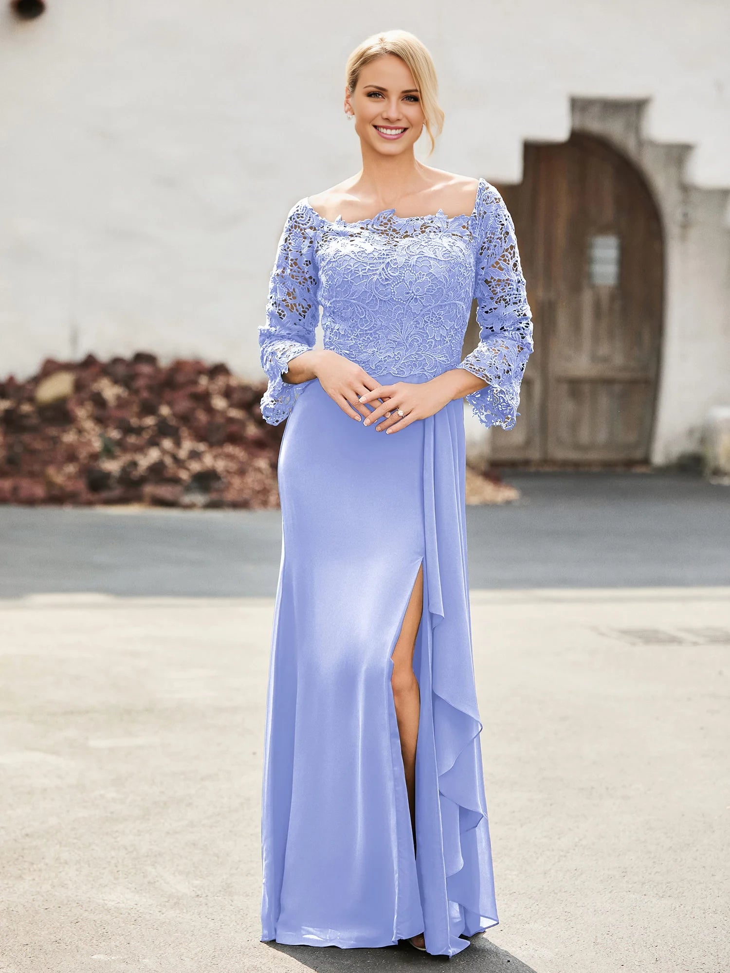 Off-the-Shoulder Lace Top Chiffon Dress Mother of the Bride Dresses