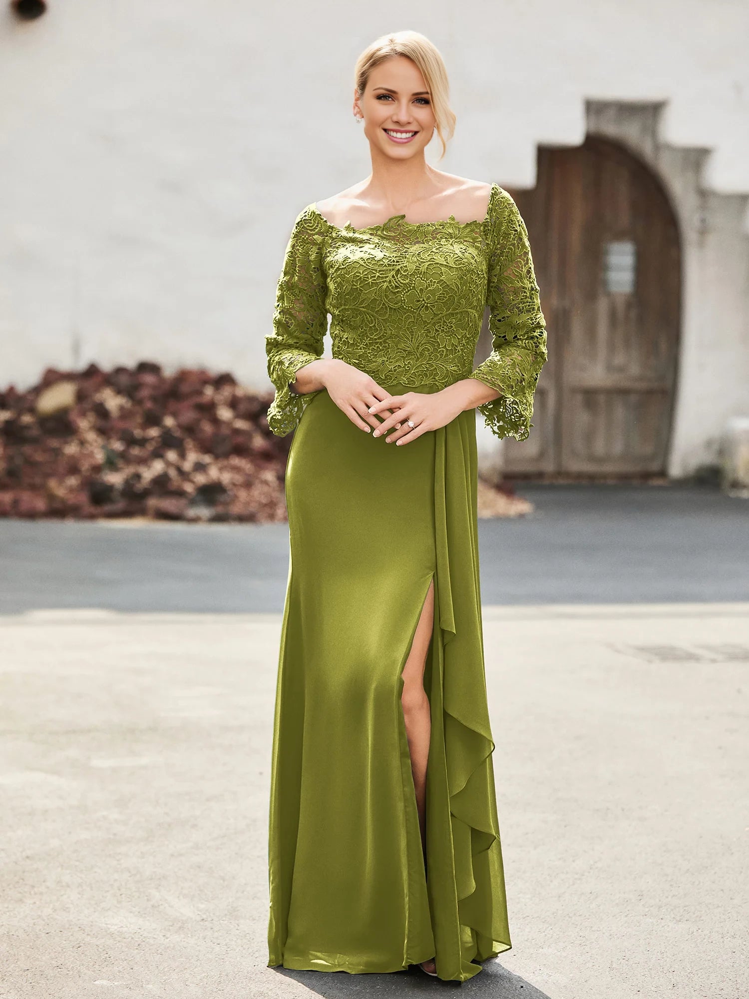 Off-the-Shoulder Lace Top Chiffon Dress Mother of the Bride Dresses
