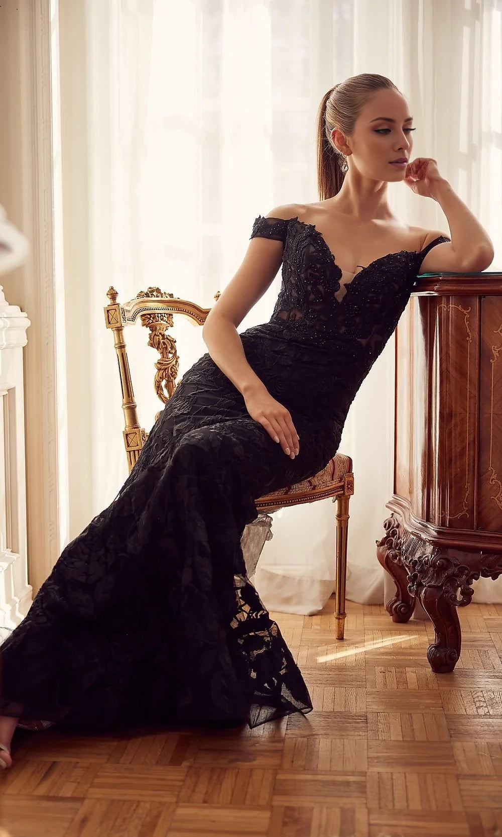 Off-the-Shoulder Long Black Formal Prom Dresses