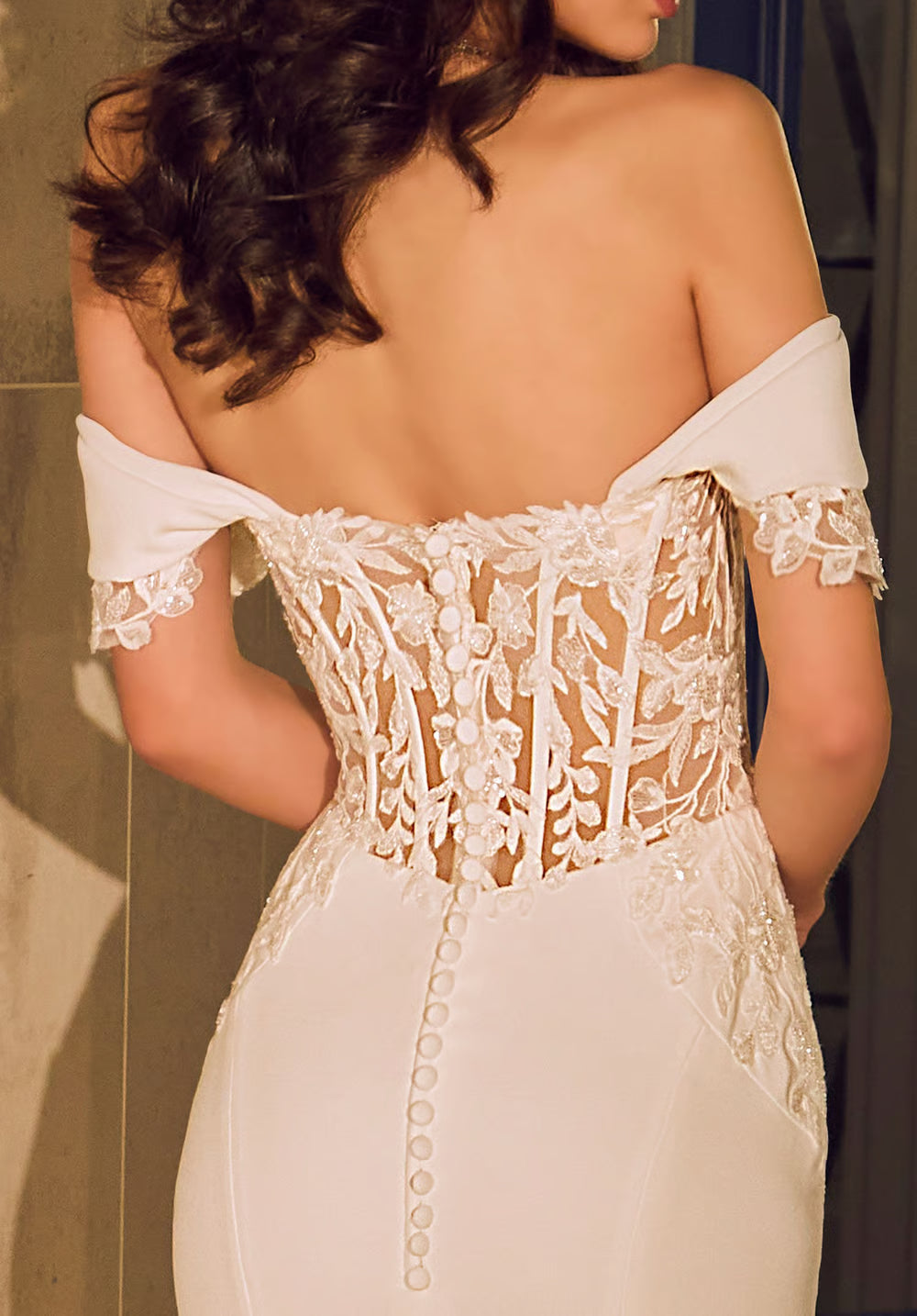 Off-the-Shoulder Mermaid Wedding Dress with Corset Bodice, Lace Applique and Train