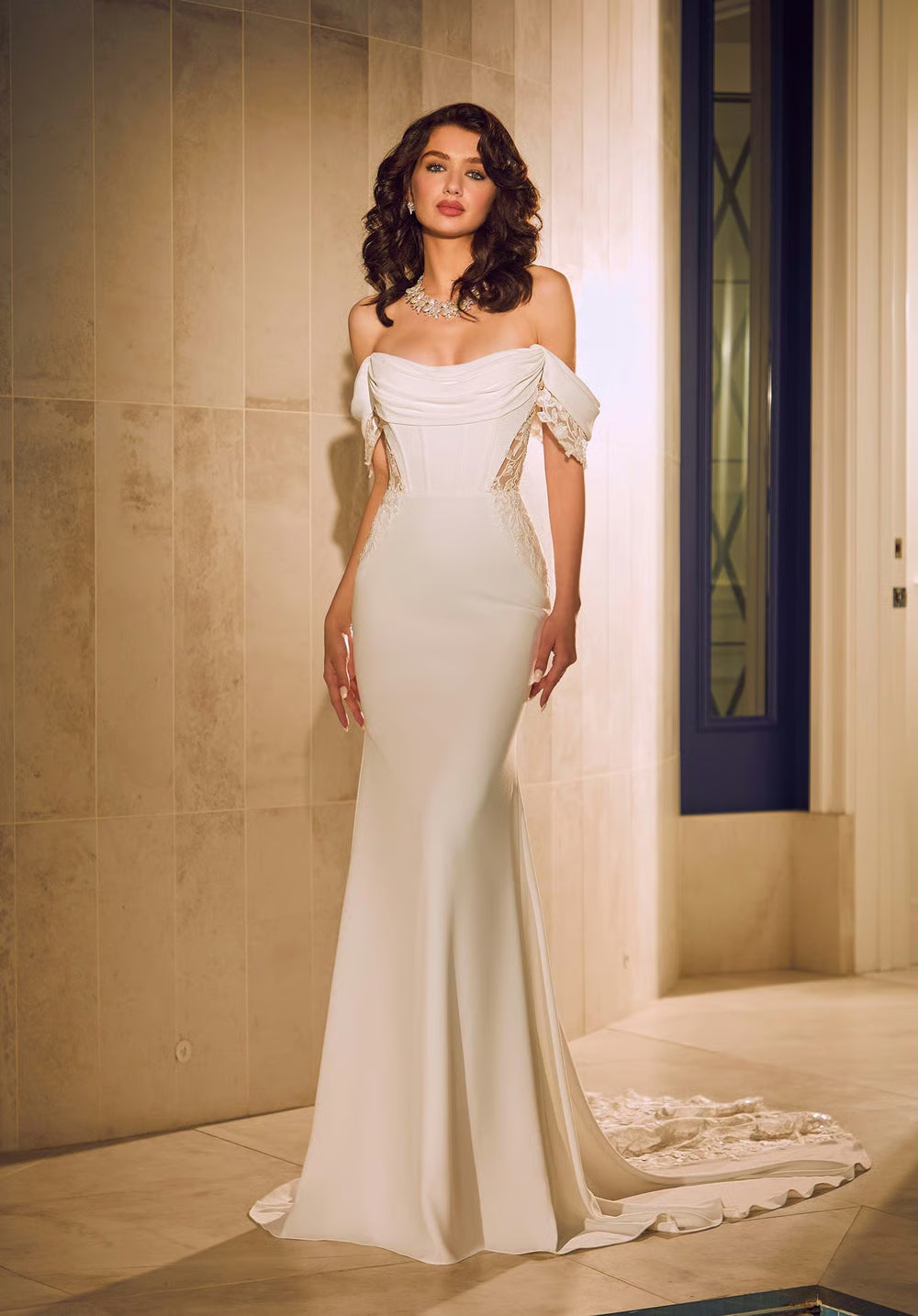 Off-the-Shoulder Mermaid Wedding Dress with Corset Bodice, Lace Applique and Train