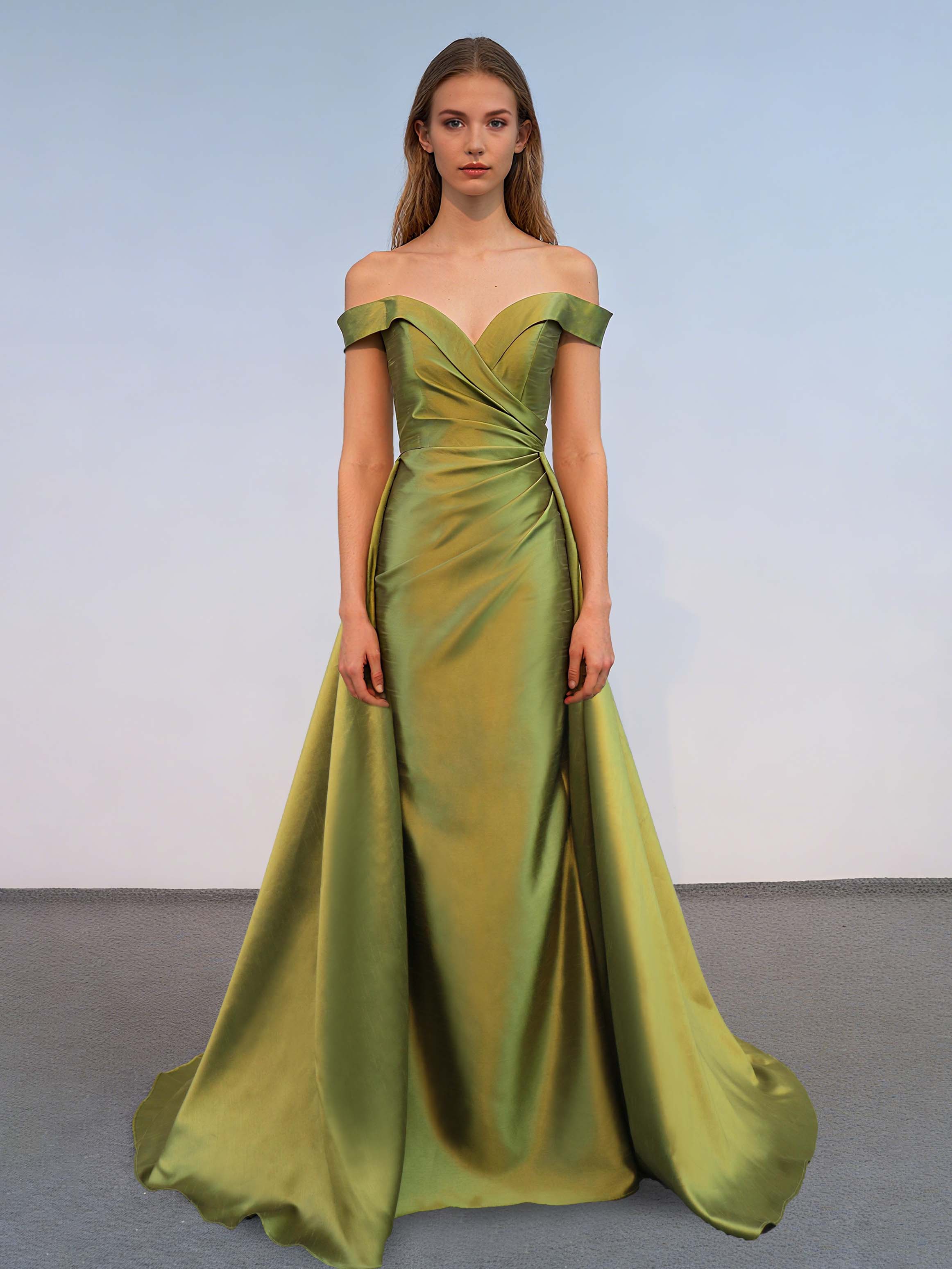 Off-the-Shoulder Olive Green Satin A-Line Evening Dress Ruched Bodice Sweep Train Formal Dress