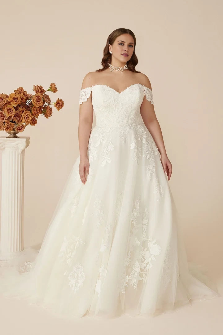 Off-the-Shoulder Plus Size Ball Gown with Venice Lace Wedding Dresses