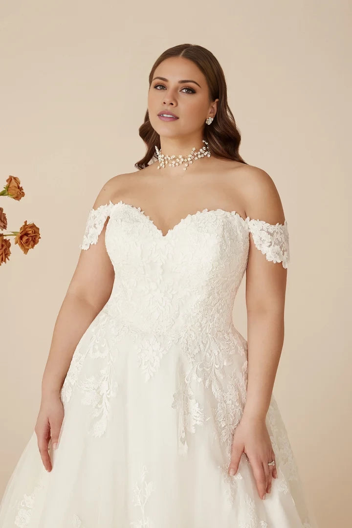 Off-the-Shoulder Plus Size Ball Gown with Venice Lace Wedding Dresses