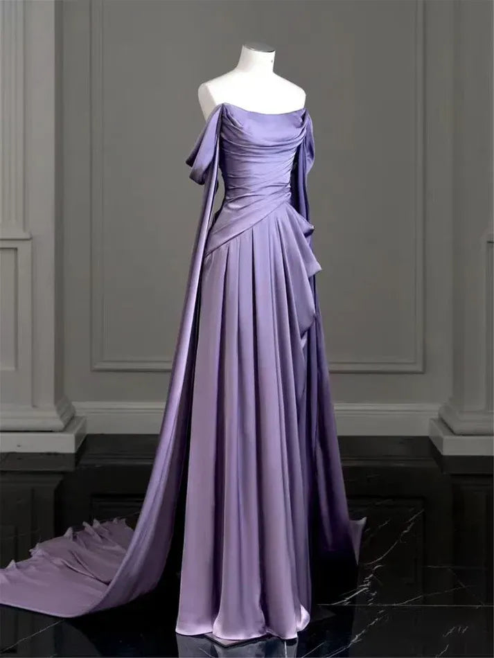 Off-the-Shoulder Satin Cape Sleeve A-Line Gown with Train