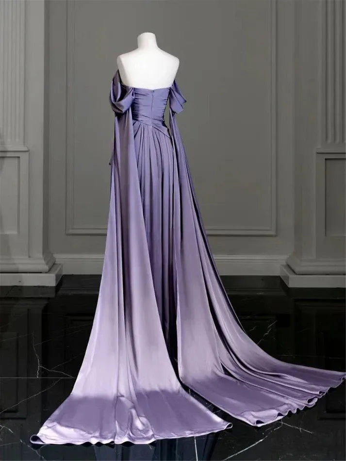 Off-the-Shoulder Satin Cape Sleeve A-Line Gown with Train