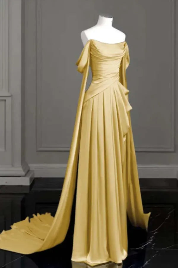 Off-the-Shoulder Satin Cape Sleeve A-Line Gown with Train