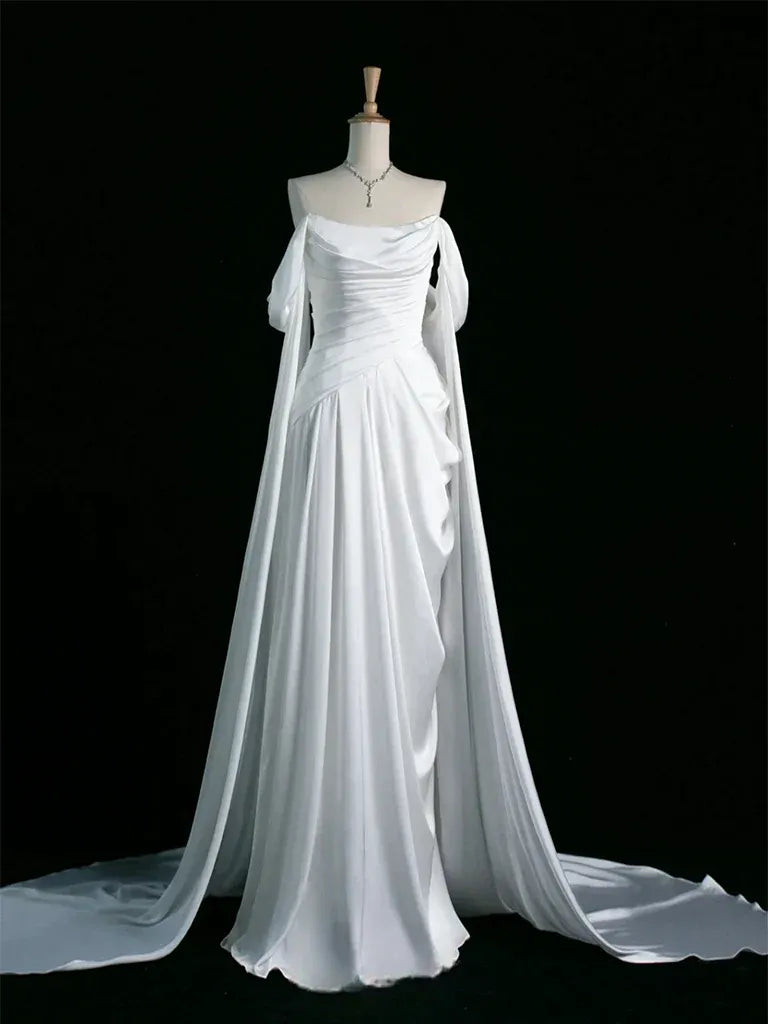 Off-the-Shoulder Satin Cape Sleeve A-Line Gown with Train