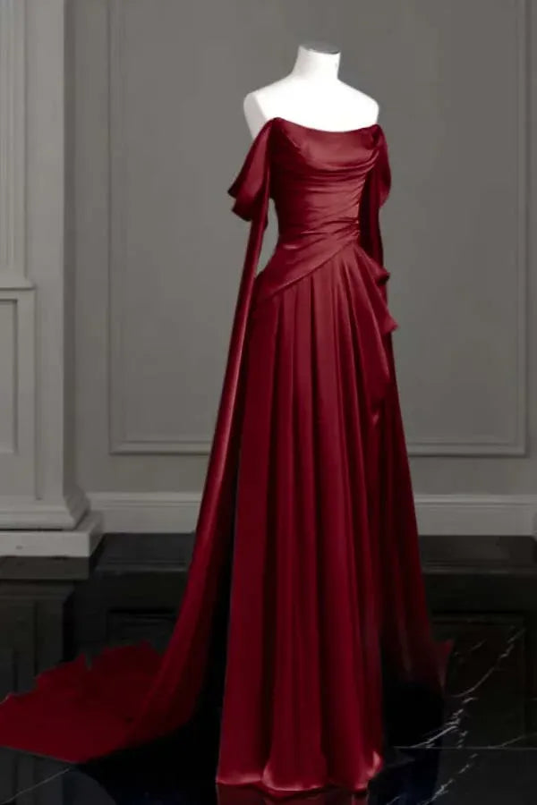 Off-the-Shoulder Satin Cape Sleeve A-Line Gown with Train