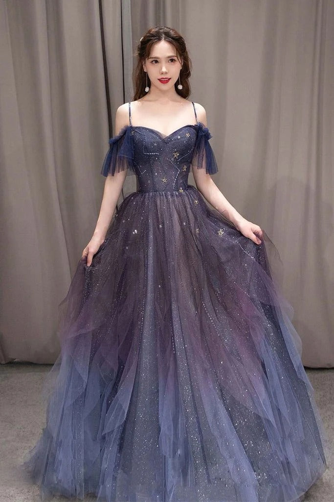 Off-the-Shoulder Spaghetti Strap Evening Dress with Ruffled Skirt & Maxi Length