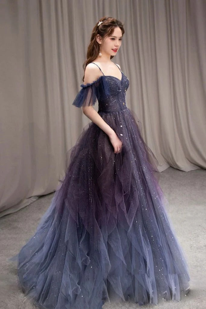 Off-the-Shoulder Spaghetti Strap Evening Dress with Ruffled Skirt & Maxi Length