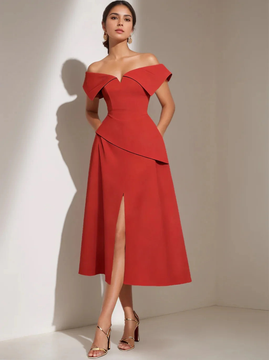 Off-the-Shoulder Sweetheart Midi Evening Dress with Peplum Waist, High Thigh Slit & A-Line Skirt