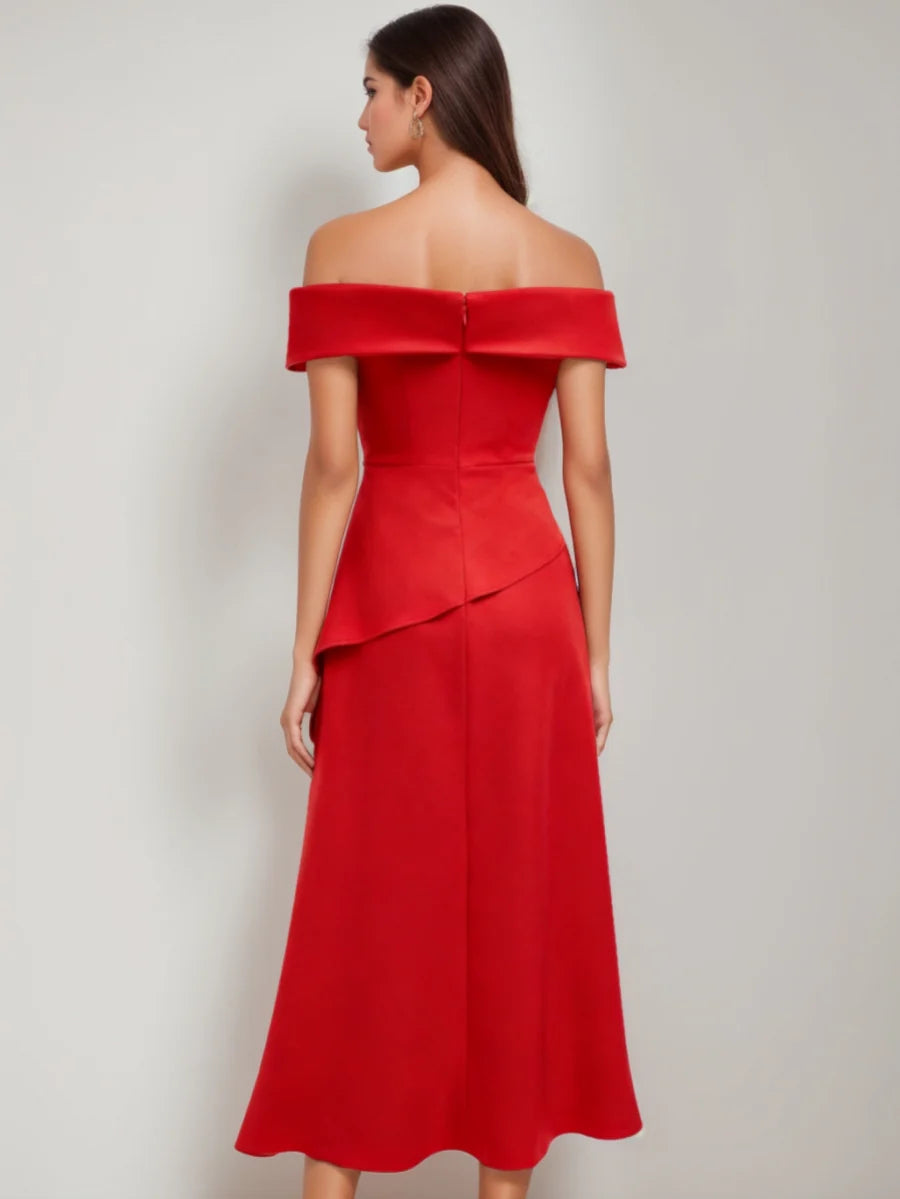Off-the-Shoulder Sweetheart Midi Evening Dress with Peplum Waist, High Thigh Slit & A-Line Skirt