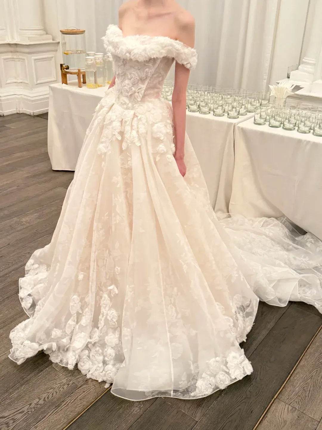 Off-the-Shoulder Sweetheart Neck Bridal Gown with Cathedral Train