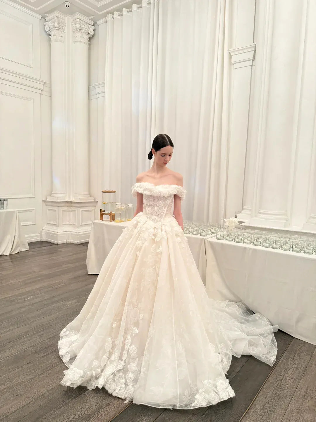 Off-the-Shoulder Sweetheart Neck Bridal Gown with Cathedral Train