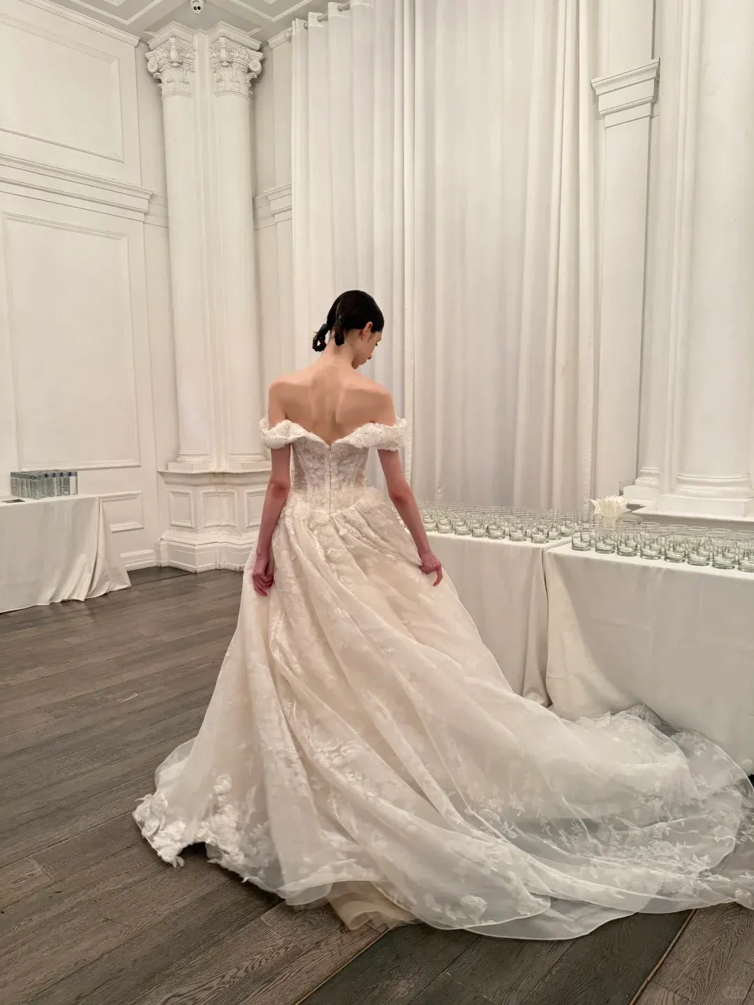 Off-the-Shoulder Sweetheart Neck Bridal Gown with Cathedral Train